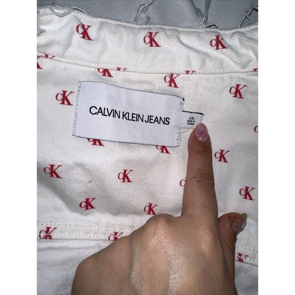 Calvin Klein Logo Jeans Trucker Jacket Red Monogram CK Logo Denim Distressed - Picture 7 of 10